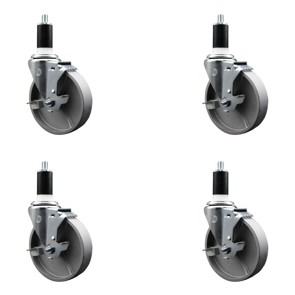 5'' Semi Steel Swivel 1-3/8'' Expanding Stem Caster Set with Brake, 4PK